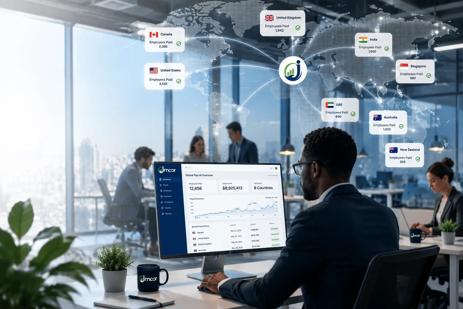 Jmoor global payroll dashboard paying employees across Canada, the US, the UK, India, Singapore, the UAE, Australia and New Zealand from one screen